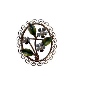 Vintage Gold Tone Floral Brooch – Pearls & Enamel Leaf Design Pin